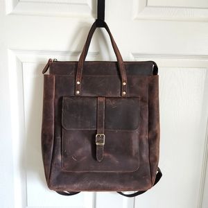 Leather Backpack Tote in Distressed Brown